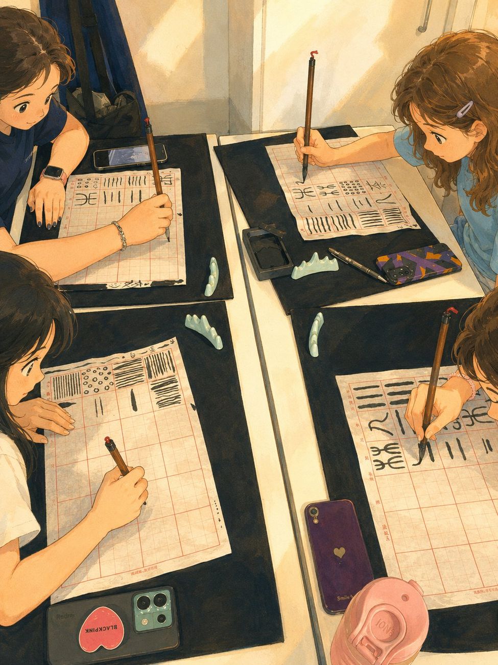 插畫：孩子與青少年以毛筆與墨練習中國書法